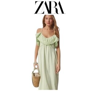Zara Pistachio Cotton Eyelet Milkmaid Cottagecore Prairie Boho Maxi Dress Size S